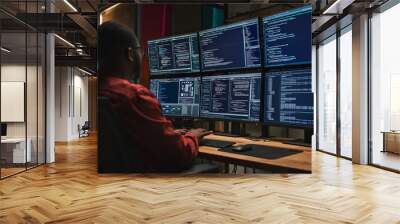 Black Cyber Security Specialist Coding on Desktop Computer With Six Monitors in Dark Office. African American Male Contractor Monitoring Data Protection System For Private Sector Clients. Wall mural