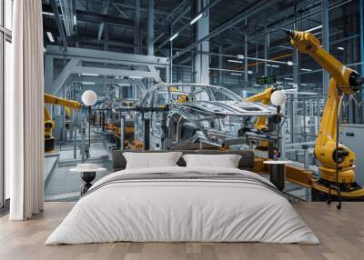 Car Factory 3D Concept: Automated Robot Arm Assembly Line Manufacturing High-Tech Green Energy Electric Vehicles. Automatic Construction, Building, Welding Industrial Production Conveyor. Wall mural