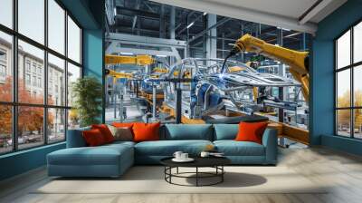 Car Factory 3D Concept: Automated Robot Arm Assembly Line Manufacturing High-Tech Green Energy Electric Vehicles. Automatic Construction, Building, Welding Industrial Production Conveyor. Wall mural