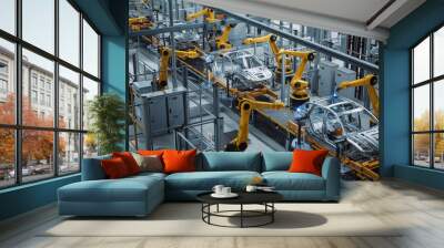 Car Factory 3D Concept: Automated Robot Arm Assembly Line Manufacturing High-Tech Green Energy Electric Vehicles. Construction, Building, Welding Industrial Production Conveyor. Elevated Wide Shot Wall mural