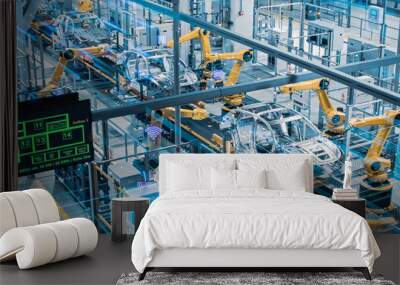 Car Factory Digitalization Industry 4.0 5G IOT Concept: Automated Robot Arm Assembly Line Manufacturing High-Tech Electric Vehicles. AI Computer Vision Analyzing, Scanning Production Efficiency Wall mural