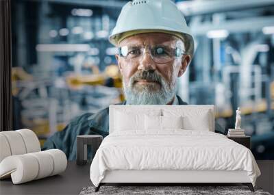 Car Factory Office: Portrait of Senior White Male Engineer Wearing Safety Hard Hat Looking at Camera and Smiling. Technician in Automated Robot Arm Assembly Line Manufacturing Facility. Close-up Wall mural