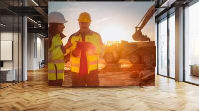 Caucasian Male Engineer Using Tablet And Talking To Hispanic Female Architect On Construction Site Of Real Estate Project. Colleagues Discussing Building Plan Of Apartment Complex During Golden Hour. Wall mural