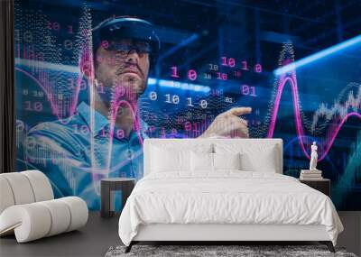 Caucasian Male IT Specialist and Businessman Wearing Futuristic VR Helmet and Working with Digital Data. Concept Shot of High Speed Internet Visualization and Graph Statistics in Foreground Wall mural