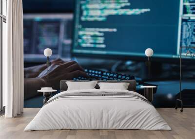 Close-up Focus on Person's Hands Typing on the Desktop Computer Backlit Keyboard. Screens Show Coding Language User Interface. Software Engineer Create Innovative e-Commerce App. Program Development Wall mural