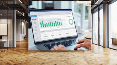 Close Up Of a Person's Hands Using Laptop Computer, Doing Data Analysis with Charts and Graphs. Young Man is Working from Modern Home, Using Touch Pad, Scrolling Content. Wall mural
