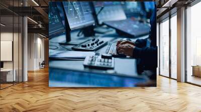 Close Up of a Professional Office Specialist Working on Desktop Computer in Modern Technological Monitoring Control Room with Digital Screens. Manager Typing on keyboard and Using Mouse. Wall mural