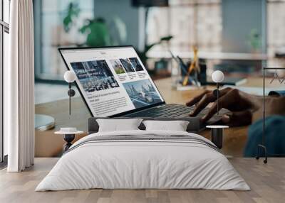 Close Up on Hands of Black African American Specialist Working on Desktop Computer in Creative Home Living Room. Freelance Male is Reading News for Financial Market Analysis and Report. Wall mural