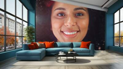 Close-up Portrait of a Gorgeous Young African American Woman with Brown Eyes Smiling Charmingly. Happy Young Woman Enjoys Life, Success and Has Fun. Sun Shines on her Curly Afro Hair Wall mural