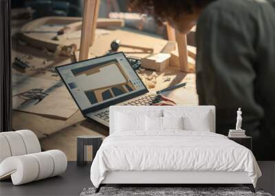 Close Up Shot of a Furniture Designer Working on Laptop Computer, Creating a Digital 3D Model of a Stylish Wooden Bedside Table. Creative Person Preparing a Design for Carpentry Project on a Screen. Wall mural