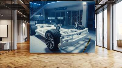 Concept of Authentic Electric Car Platform Chassis Prototype Standing in High Tech Industrial Machinery Design Laboratory. Hybrid Frame include Tires, Suspension, Engine and Battery.  Wall mural