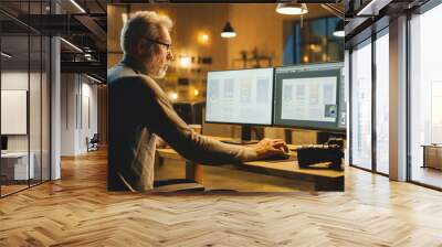 Creative Middle Aged Mobile Software Designer Sitting at His Desk Uses Desktop Computer with Two Screens Showing Smartphone Application Design Process. Stylish Modern Studio Office Wall mural