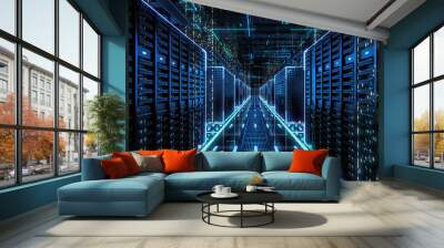 Data Technology Center Server Racks in Dark Room with VFX. Detailed Visualization Concept of Internet of Things, Data Flow, Digitalization of Online Traffic. Information Storage Equipment. Wall mural