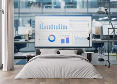 Desktop Computer Monitor with Finance Statistical Data Software and Progressive User Interface Standing on the Desk in the Modern Business Office. In the Background Glass Wall with Big City Office. Wall mural