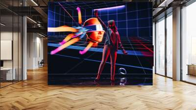 Digital Artist Using VR Software to Create a 3D Piece of Art: Designing a Stylish Futuristic Portrait in Interactive Environment on a Big Digital Screen. Female Designer Using Headset and Controllers. Wall mural