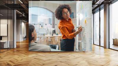 Diverse Modern Office: Black Businesswoman Leads Business Meeting with Managers, Talks, Explains Statistics, Uses a Whiteboard with Graphs, Big Data. Digital Entrepreneurs Work on eCommerce Project Wall mural