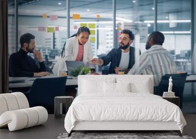 Diverse Modern Office: Successful Motivated Black Businesswoman Leads Meeting, talks of Company Growth. Digital Entrepreneurs Work on e-Commerce Project. Multi-Ethnic Creatives Brainstorm Strategy Wall mural