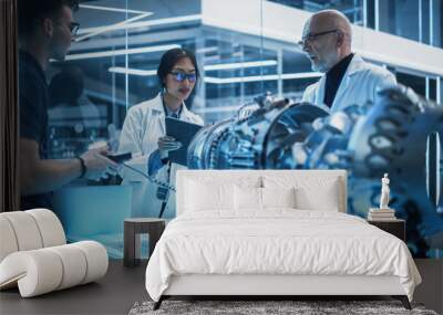 Diverse Multiethnic Team of Industrial Engineers Gathered Around a Table With a Prototype Turbine Engine. Scientists Use Tablet Computer to Research, Develop and Program the Futuristic Motor. Wall mural