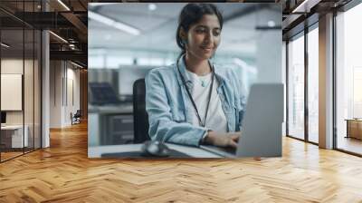 Diverse Office: Portrait of Beautiful Smiling Indian IT Programmer Working on Desktop Computer. Female Specialist Creating Innovative Software. Professional Engineer Develop Inspirational App Wall mural