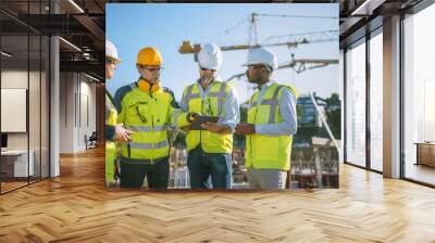 Diverse Team of Specialists Use Tablet Computer on Construction Site. Real Estate Building Project with Civil Engineer, Architect, Business Investor and General Worker Discussing Plan Details. Wall mural