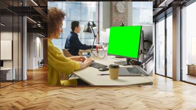 Employees Smiling While Working on Computers in Busy Modern Bright Office. Biracial Woman Designing Using Green Screen. Male Employee Working in the Background. Wall mural