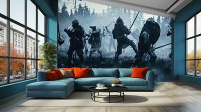 Epic Battlefield: Armies of Medieval Knights Fighting with Swords. Dark Ages Warfare. Action Battle of Armored Warrior Soldiers, Killing Enemies. Blue Cinematic Historical Reenactment. Wall mural