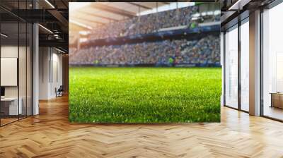 Establishing Shot of Empty Football Socer Stadium. International Tournament, Crowd of Fans Cheer on the Tribune. Beginning of Sports Final Game. Cinematic Shot of Crowded Arena. Wall mural