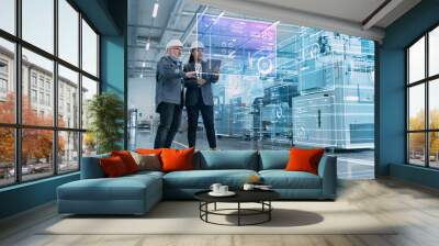 Factory Digitalization: Two Industrial Engineers Use Tablet Computer, AI Big Data Analysis. Visualization of High-Tech Facility into 3D Rendered Neural Network. Industry 4.0 Machinery Manufacturing Wall mural