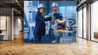 Factory Office Facility: Chief Engineer Holds Tablet Computer, Shows Augmented Reality Model of Electric Generator to a Female Project Manager. High Tech Industry 4.0 Research and Development Concept. Wall mural