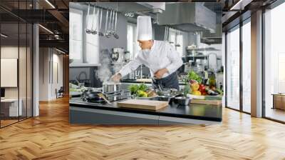 Famous Chef Works in a Big Restaurant Kitchen with His Apprentices. Kitchen is Full of Food, Vegetables and Boiling Dishes. Wall mural