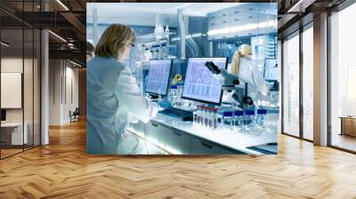 Female and Male Scientists Working on their Computers In Big Modern Laboratory. Various Shelves with Beakers, Chemicals and Different Technical Equipment is Visible. Wall mural