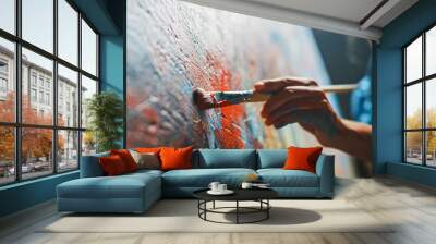 Female Artist Works on Abstract Oil Painting, Moving Paint Brush Energetically She Creates Modern Masterpiece. Dark Creative Studio where Large Canvas Stands on Easel Illuminated. Low Angle Close-up Wall mural