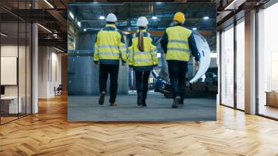 Following Shot of Three Engineers Walking Through Heavy Industry Manufacturing Factory. In the Background Welding Work in Progress, Various Metalwork, Pipeline/ Barrel Components. Wall mural