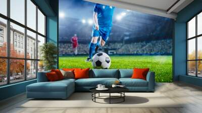 Football World Championship: Soccer Player Runs to Kick the Ball. Ball on the Grass Field of Arena, Full Stadium of Crowd Cheers. International Tournament. Cinematic Shot Captures Flawless Victory. Wall mural