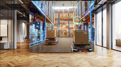 Future Technology 3D Concept: Automated Retail Warehouse AGV Robots with Infographics Delivering Cardboard Boxes in Distribution Logistics Center. Automated Guided Vehicles Goods, Products, Packages Wall mural