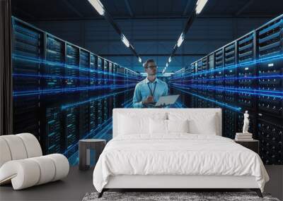 Futuristic Concept: Data Center Chief Technology Officer Holding Laptop, Standing In Warehouse, Information Digitalization Lines Streaming Through Servers. SAAS, Cloud Computing, Web Service Wall mural