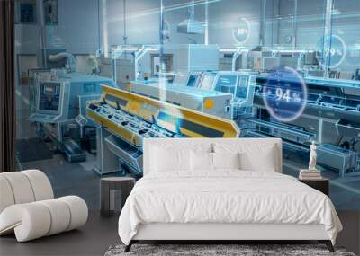 Futuristic Design: Factory Digitalization with Information Lines Lying Through the High-Tech Modern Electronics Facility. CNC Automatic Machinery Manufacturing Products Using IoT Industry 4.0  Wall mural