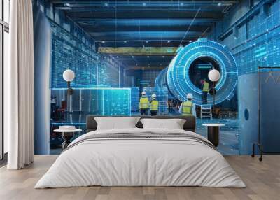 Futuristic Technology: Team of Engineers and Professionals Workers in Industry Manufacturing Factory that is Digitalized with Graphics into Connected Automated Machinery. High-Tech Industry 4.0. Wall mural