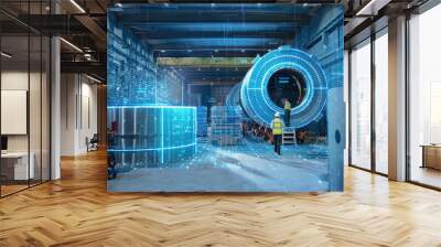 Futuristic Technology: Team of Engineers and Professionals Workers in Industry Manufacturing Factory that is Visualized with Graphics into Connected Automated Machinery. High-Tech Industry 4.1. Wall mural