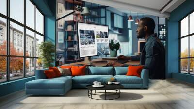 Handsome Black African American Specialist Working on Desktop Computer in Creative Home Living Room. Freelance Male is Reading News for Financial Market Analysis and Report for Clients and Employer. Wall mural