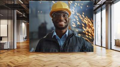 Happy Professional Heavy Industry Engineer/Worker Wearing Uniform, Glasses and Hard Hat in a Steel Factory. Smiling African American Industrial Specialist Standing in a Metal Construction Manufacture. Wall mural