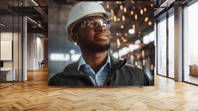 Happy Professional Heavy Industry Engineer/Worker Wearing Uniform, Glasses and Hard Hat in a Steel Factory. Smiling African American Industrial Specialist Standing in a Metal Construction Manufacture. Wall mural