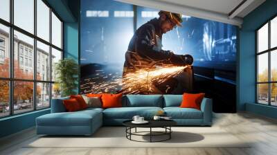 Heavy Industry Engineering Factory Interior with Industrial Worker Using Angle Grinder and Cutting a Metal Tube. Contractor in Safety Uniform and Hard Hat Manufacturing Metal Structures. Wall mural