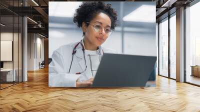 Hospital Conference Meeting Room: Senior Male Physician Holds Tablet Computer and Talks to Team of Medical Doctors Discuss Patient Treatment. Research Scientists Talk of Drug, Medicine Development Wall mural