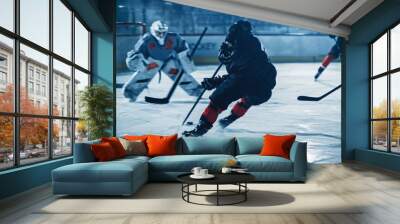 Ice Hockey Arena: Professional Forward Player Breaks Defense, Prepairing to Shot Puck with Stick to Score Goal. Two Competitive Teams Play Intense Game. Wall mural