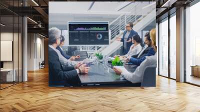 In Corporate Meeting Room: Creative Director Uses Digital Interactive Whiteboard for Presentation to a Board of Executives, Lawyers, Investors. Screen Shows Company Growth Data with Graphs Wall mural