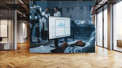 In Robotics Development Laboratory: Over the Shoulder Shot of a Chief Analyst Using Computer, Top Scientists Work on Bionics Exoskeleton Prototype. Designing Powered Exosuit to Help Disabled People. Wall mural