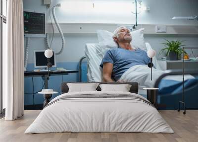 In the Hospital, Senior Patient Lying in Bed, Sleeping. Modern Hospital Geriatrics Ward. Wall mural