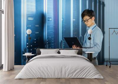 In the Modern Data Center: IT Engineer Standing Beside Server Rack Cabinets, Does Wireless Maintenance and Diagnostics Procedure with a Laptop. Wall mural