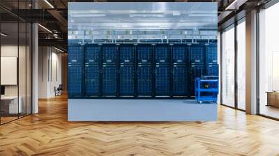 In the Modern Data Center: IT Technician Working with Server Racks, Pushes Cart Between Rows of Server Racks. On a Pushcart New Hardware for System Update. Engineer Doing Maintenance and Diagnostics. Wall mural